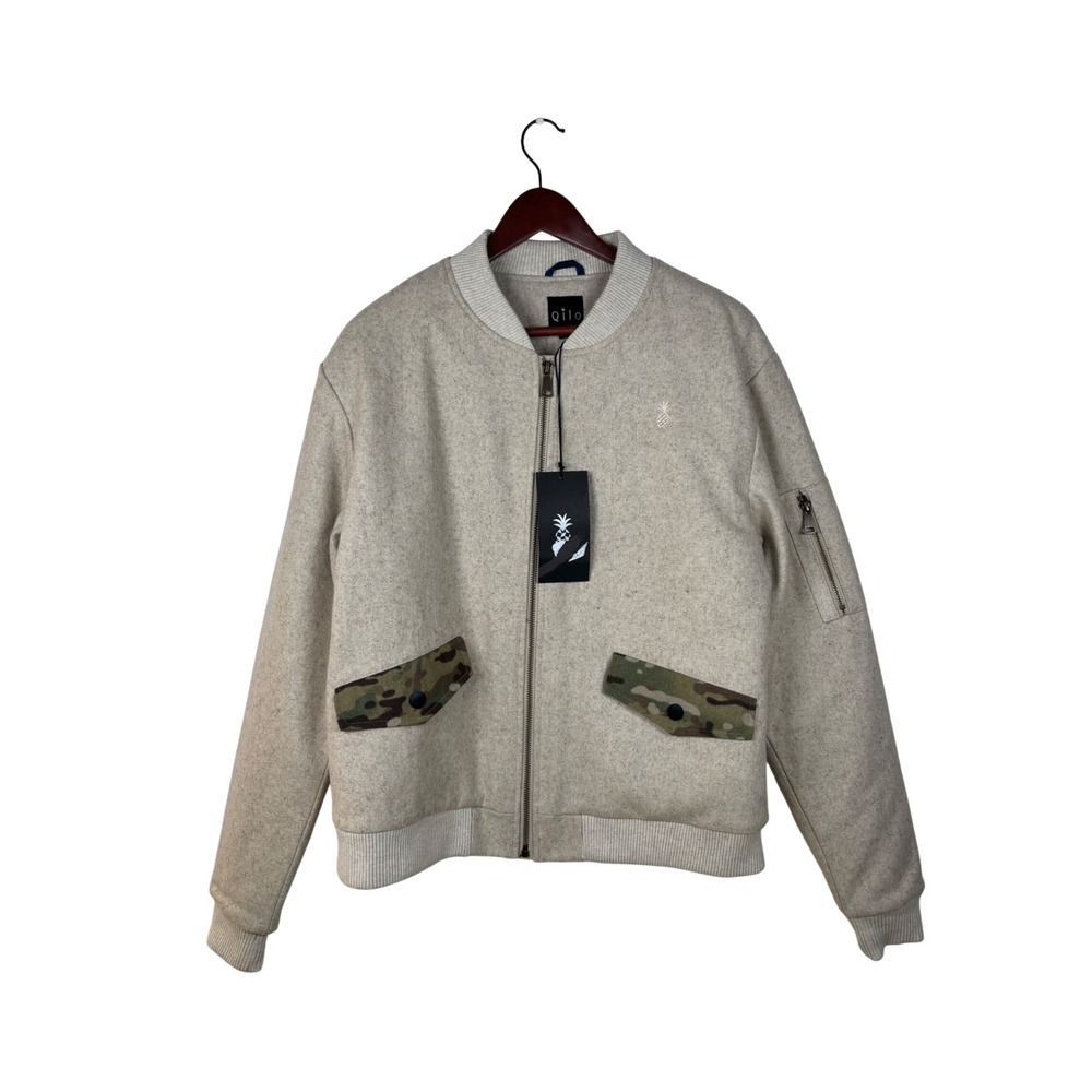 Qilo Wool Bomber Jacket Large Cream MultiCam Camo Tactical Quilted Lining NEW - Picture 2 of 12